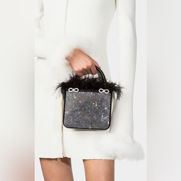Mach & Mach Crystal & Feather Trim Satin Bag (Black) - Picture 2 of 13